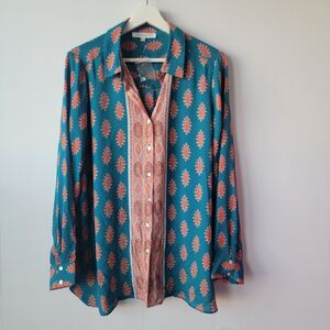 Rose & Olive women's Button Up size L Blue Orange Boho Flowy Long Sleeve